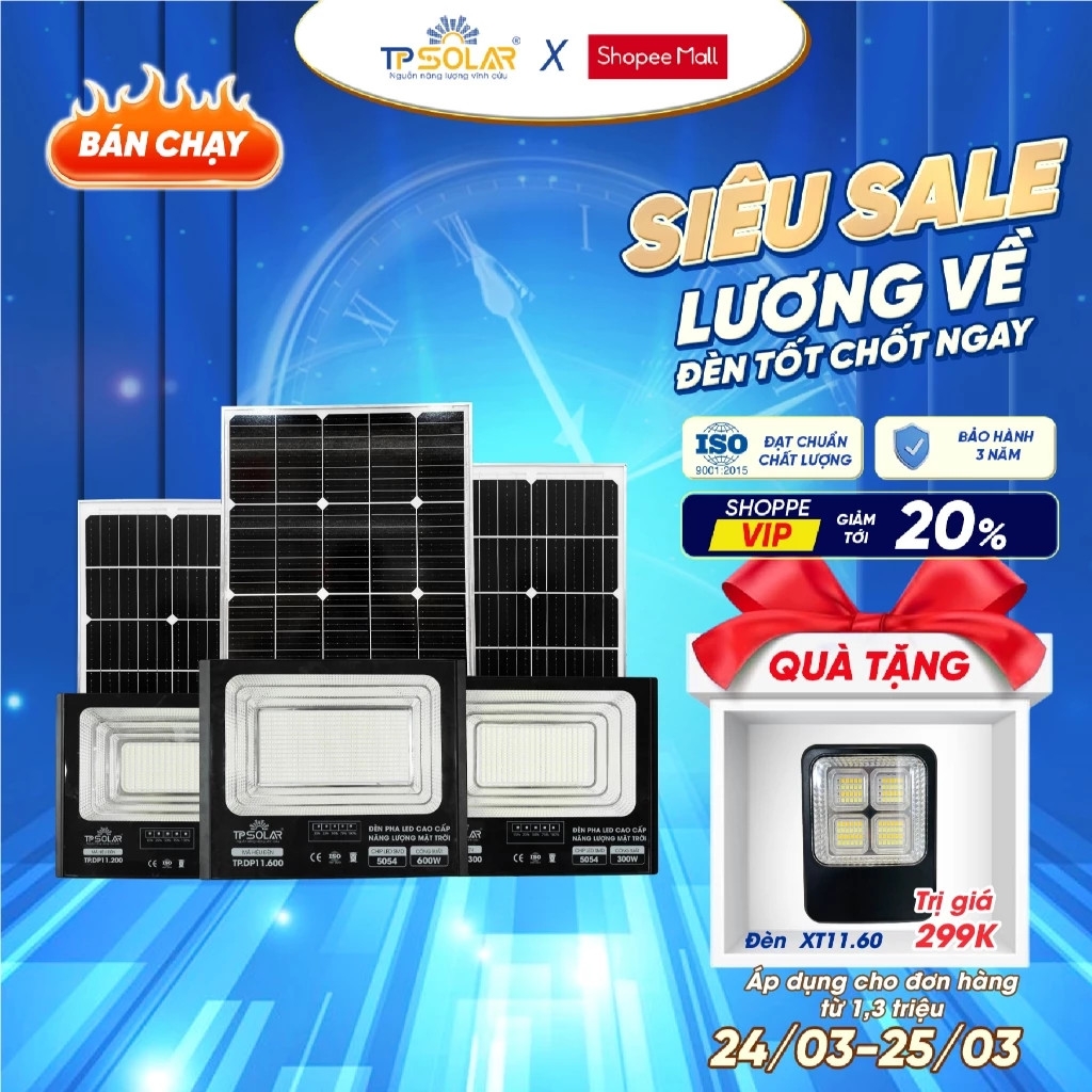 Đèn Pha Năng Lượng Mặt Trời TP SOLAR 200W-600W: Tấm Pin MONO, Chip LED 5054