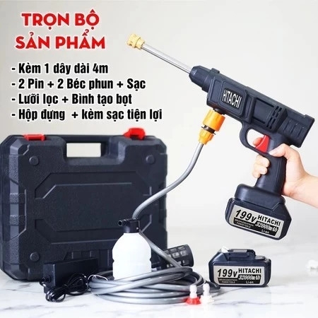 Máy Rửa Xe Pin Hitachi 199V: Cầm Tay Mini, 2 Pin 32000mAh