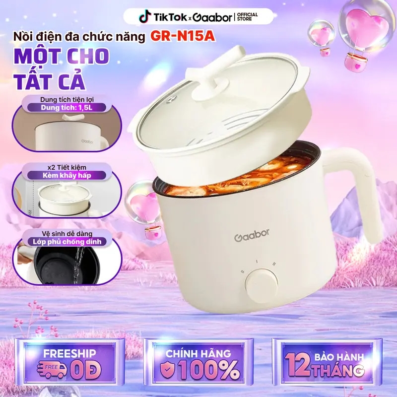 Nồi Điện Đa Năng Gaabor GR-N15A 1.5L - Nồi Lẩu Điện Mini Kèm Xửng Hấp Tiện Lợi