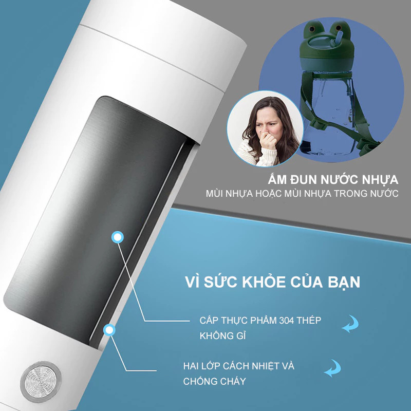 Bình Đun Nước Siêu Tốc Mini, Cốc Đun Nóng Du Lịch 400ml - Ấm Đun Nước Cầm Tay Tự Ngắt Thông Minh