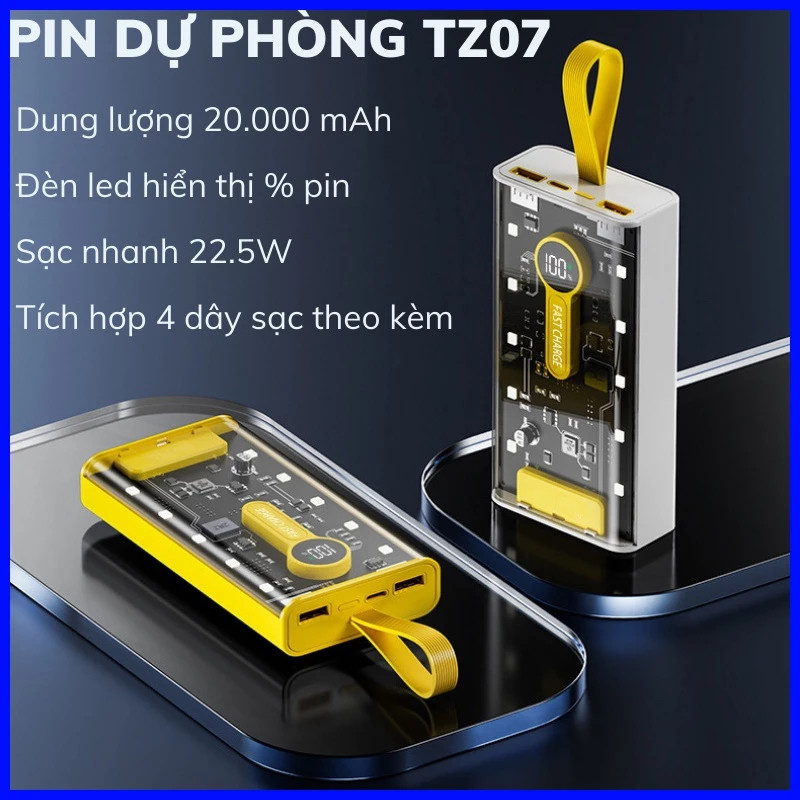 Sạc Dự Phòng 20000mAh 120W: Sạc Siêu Nhanh PD20W, 5 Đầu Ra, Đèn LED