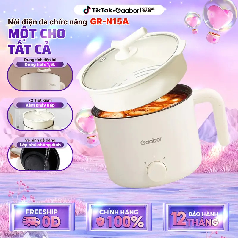 Nồi Điện Đa Năng Gaabor GR-N15A 1.5L - Nồi Lẩu Điện Mini Kèm Xửng Hấp Tiện Lợi