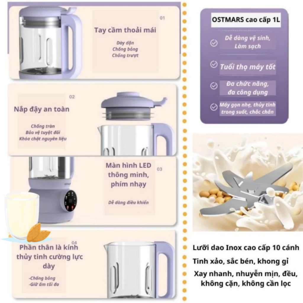 Máy Làm Sữa Hạt Mini - Máy Nấu Cháo Chậm Cho Bé, Hẹn Giờ Thông Minh 12H