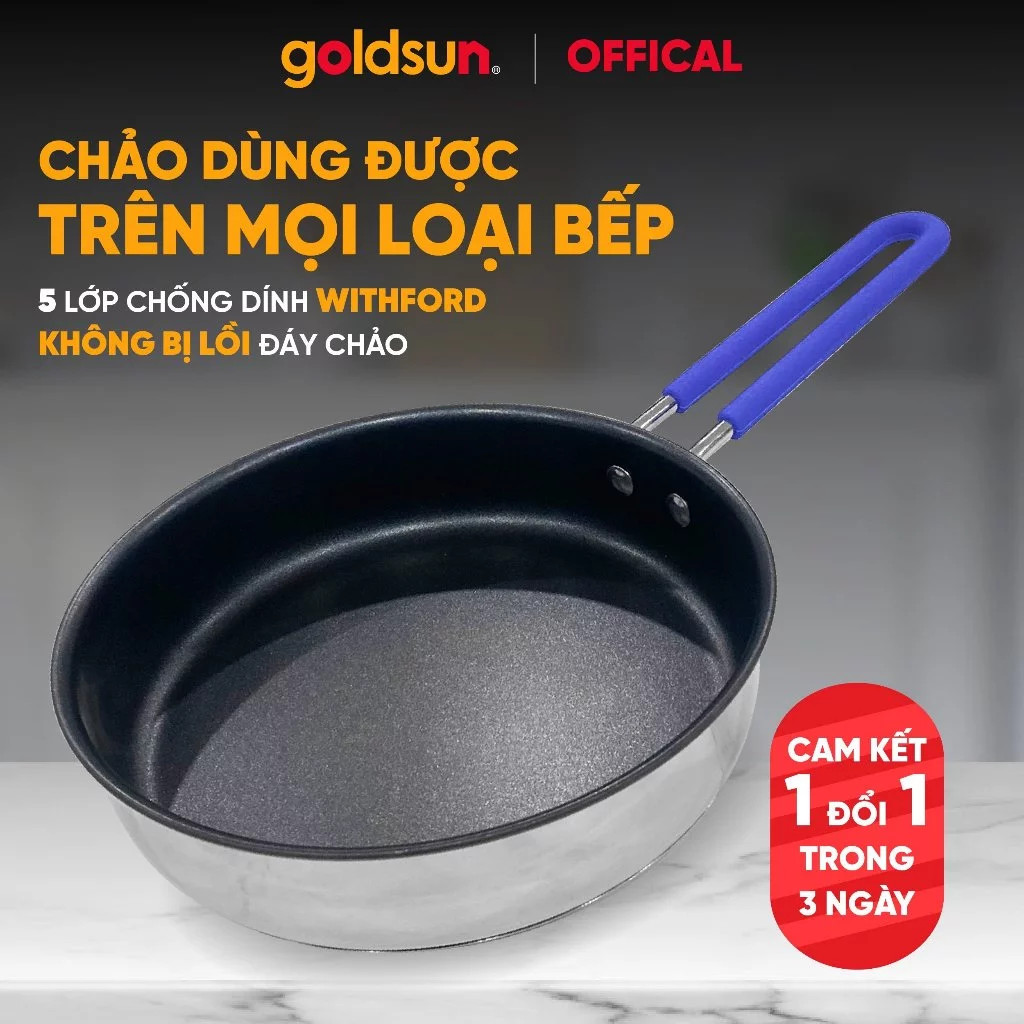[Chính Hãng] Chảo Inox Goldsun 28cm Đáy Từ 3 Lớp - Chảo Chống Dính Cao Cấp Không Kén Bếp