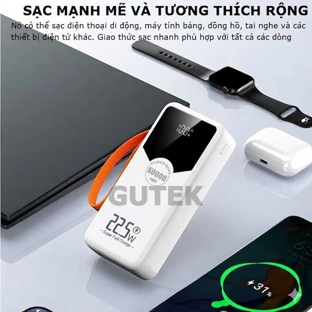 Sạc Dự Phòng 50000mAh Gutek GT230: Sạc Nhanh 22.5W, Sạc 7 Thiết Bị