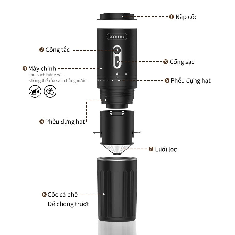 Máy Pha Cà Phê Mini Không Dây Kawu 1300mAh - Lựa Chọn Số 1 Khi Du Lịch