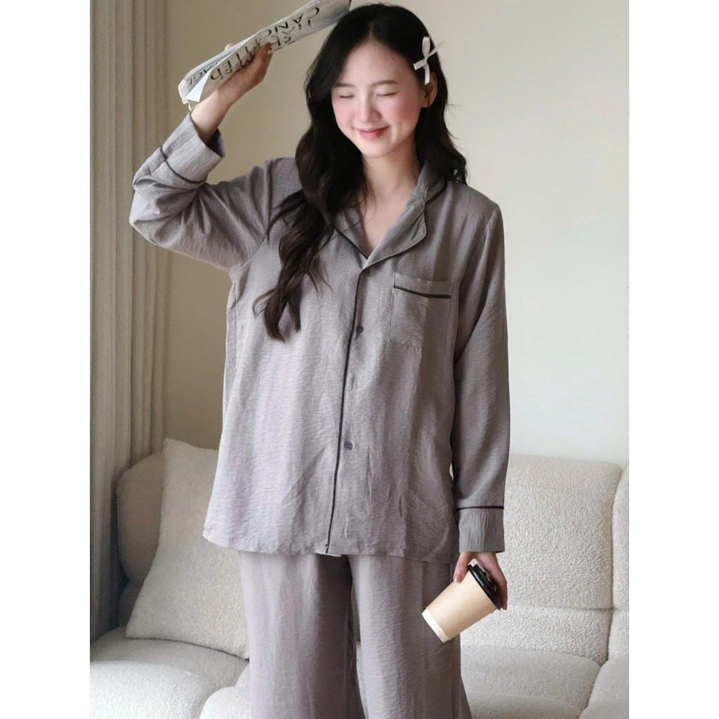 Bộ Ngủ Dài Tay Nữ Vải Đũi Mềm Mịn, Viền Né Sang Trọng