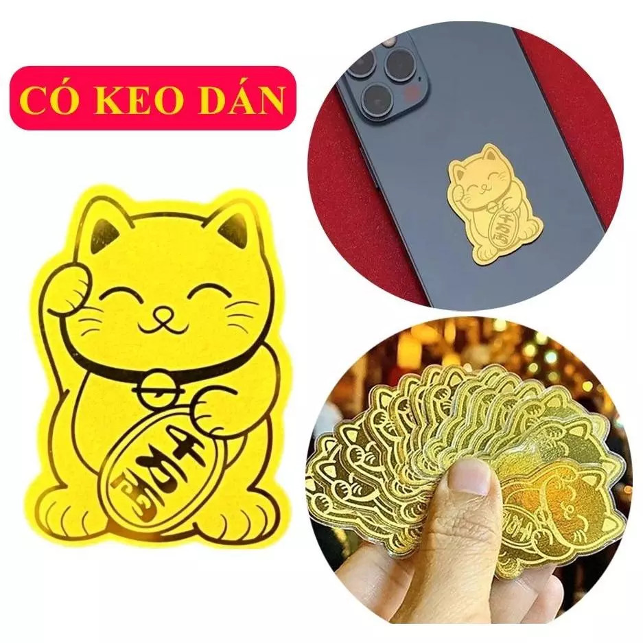 Miếng Dán Mèo Thần Tài Mạ Vàng: Chiêu Tài Lộc, May Mắn Hanh Thông