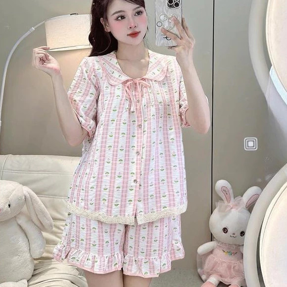 Bộ Đồ Ngủ Nữ DU01: Pijama Cổ Sen Vạt Ren, Đũi Hàn Cao Cấp