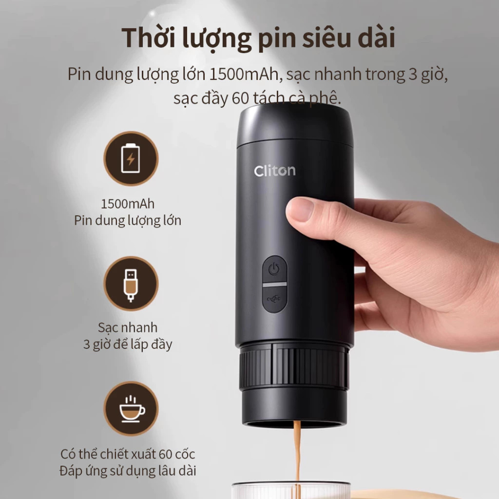 Máy Pha Cà Phê Mini Espresso Không Dây CLITON - Áp Suất 20Bar, Pha Cầm Tay Mini Tiện Lợi