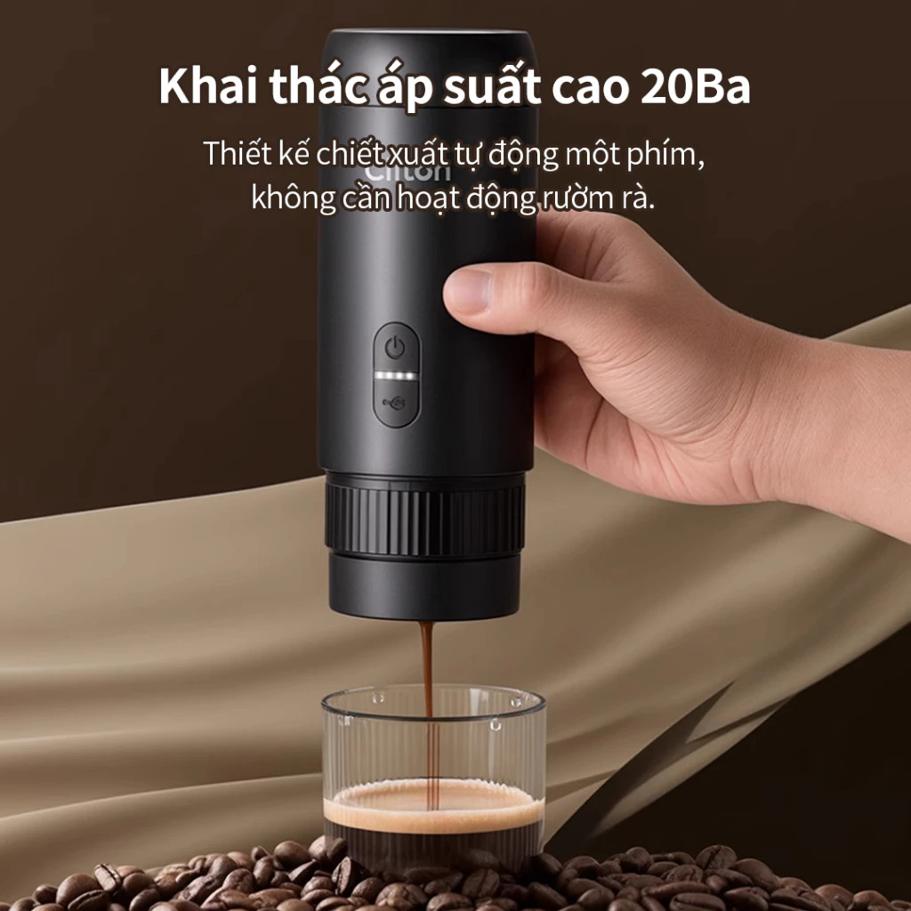 Máy Pha Cà Phê Mini Espresso Không Dây CLITON - Áp Suất 20Bar, Pha Cầm Tay Mini Tiện Lợi