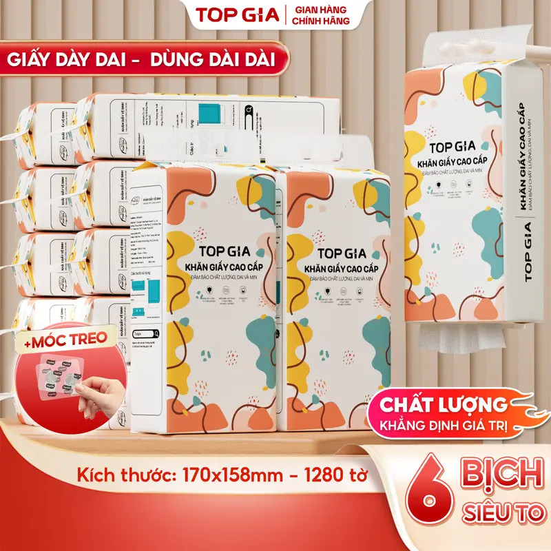 Combo 6 bịch khăn giấy rút Top Gia treo tường siêu dai và mềm mịn