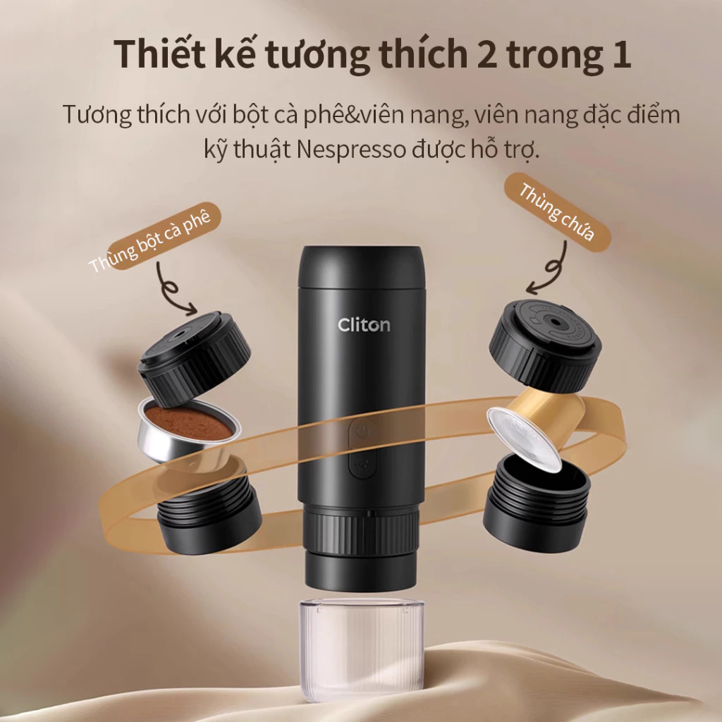 Máy Pha Cà Phê Mini Espresso Không Dây CLITON - Áp Suất 20Bar, Pha Cầm Tay Mini Tiện Lợi