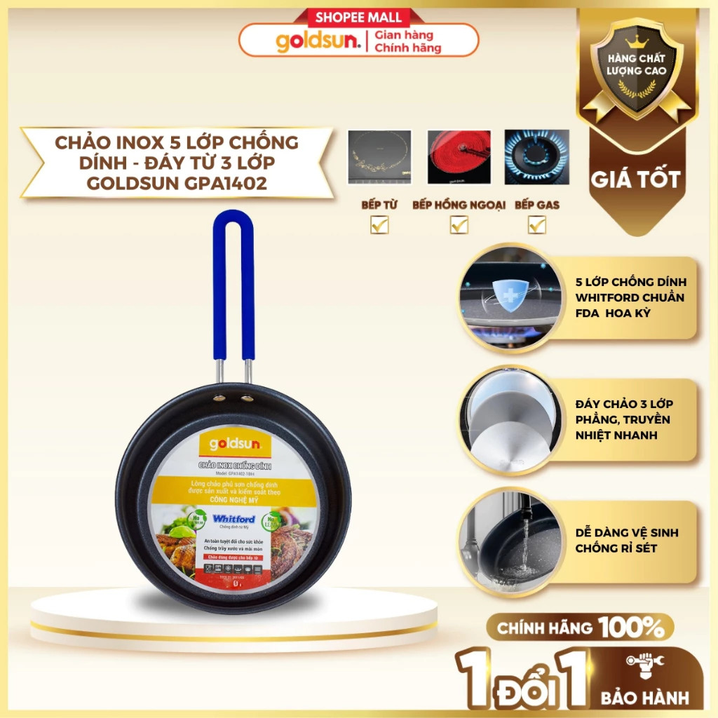 [Chính Hãng] Chảo Inox Goldsun 28cm Đáy Từ 3 Lớp - Chảo Chống Dính Cao Cấp Không Kén Bếp