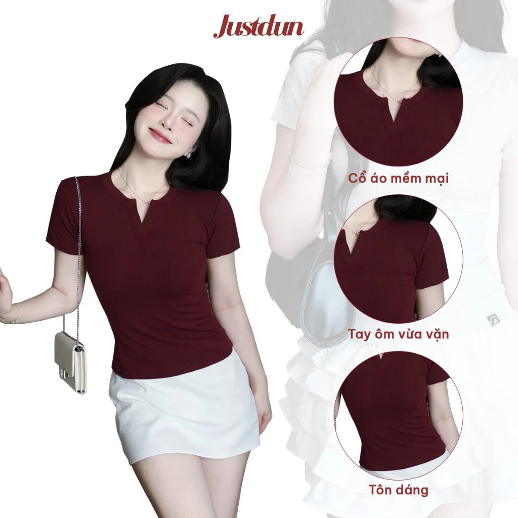 Áo Thun Nữ Ôm Body JUSTDUN E44: Cổ Trụ Tàu, Cotton Co Giãn 4 Chiều