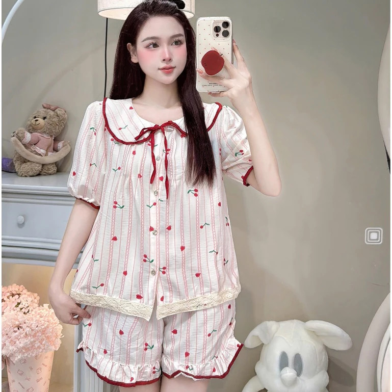 Bộ Đồ Ngủ Nữ DU01: Pijama Cổ Sen Vạt Ren, Đũi Hàn Cao Cấp