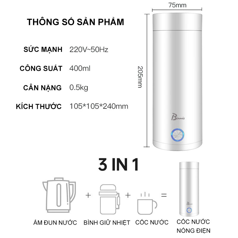 Bình Đun Nước Siêu Tốc Mini, Cốc Đun Nóng Du Lịch 400ml - Ấm Đun Nước Cầm Tay Tự Ngắt Thông Minh