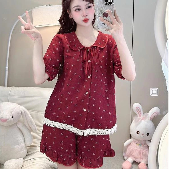Bộ Đồ Ngủ Nữ DU01: Pijama Cổ Sen Vạt Ren, Đũi Hàn Cao Cấp