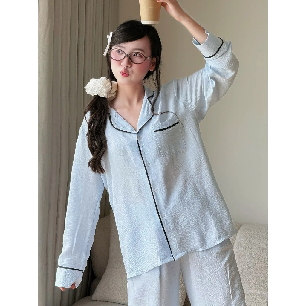 Bộ Ngủ Dài Tay Nữ Vải Đũi Mềm Mịn, Viền Né Sang Trọng