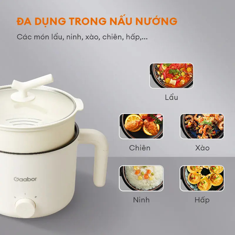 Nồi Điện Đa Năng Gaabor GR-N15A 1.5L - Nồi Lẩu Điện Mini Kèm Xửng Hấp Tiện Lợi