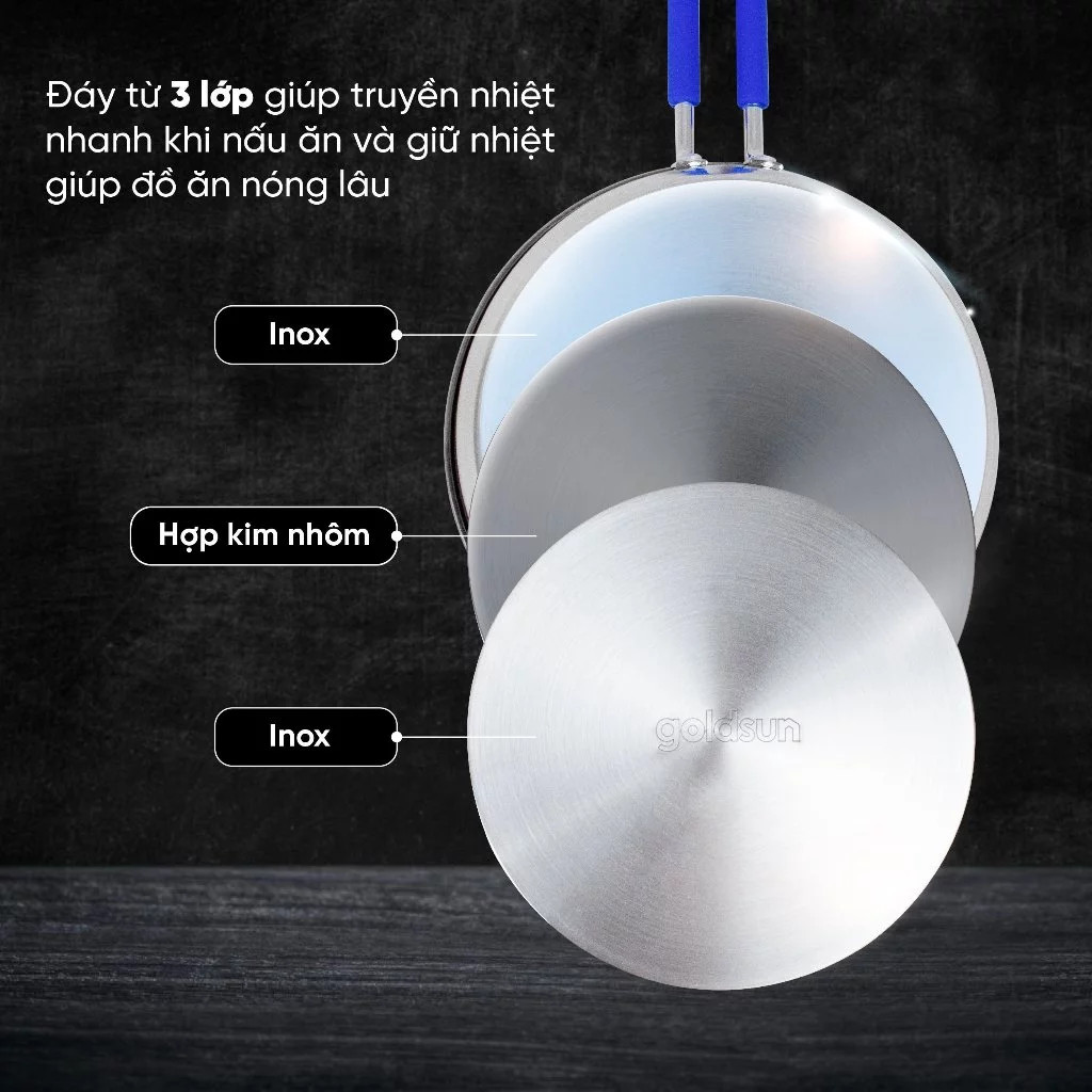 [Chính Hãng] Chảo Inox Goldsun 28cm Đáy Từ 3 Lớp - Chảo Chống Dính Cao Cấp Không Kén Bếp