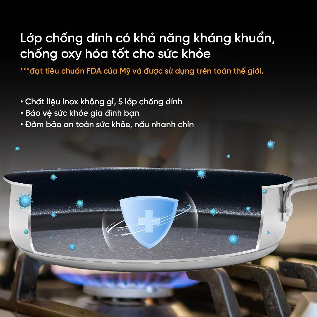 [Chính Hãng] Chảo Inox Goldsun 28cm Đáy Từ 3 Lớp - Chảo Chống Dính Cao Cấp Không Kén Bếp