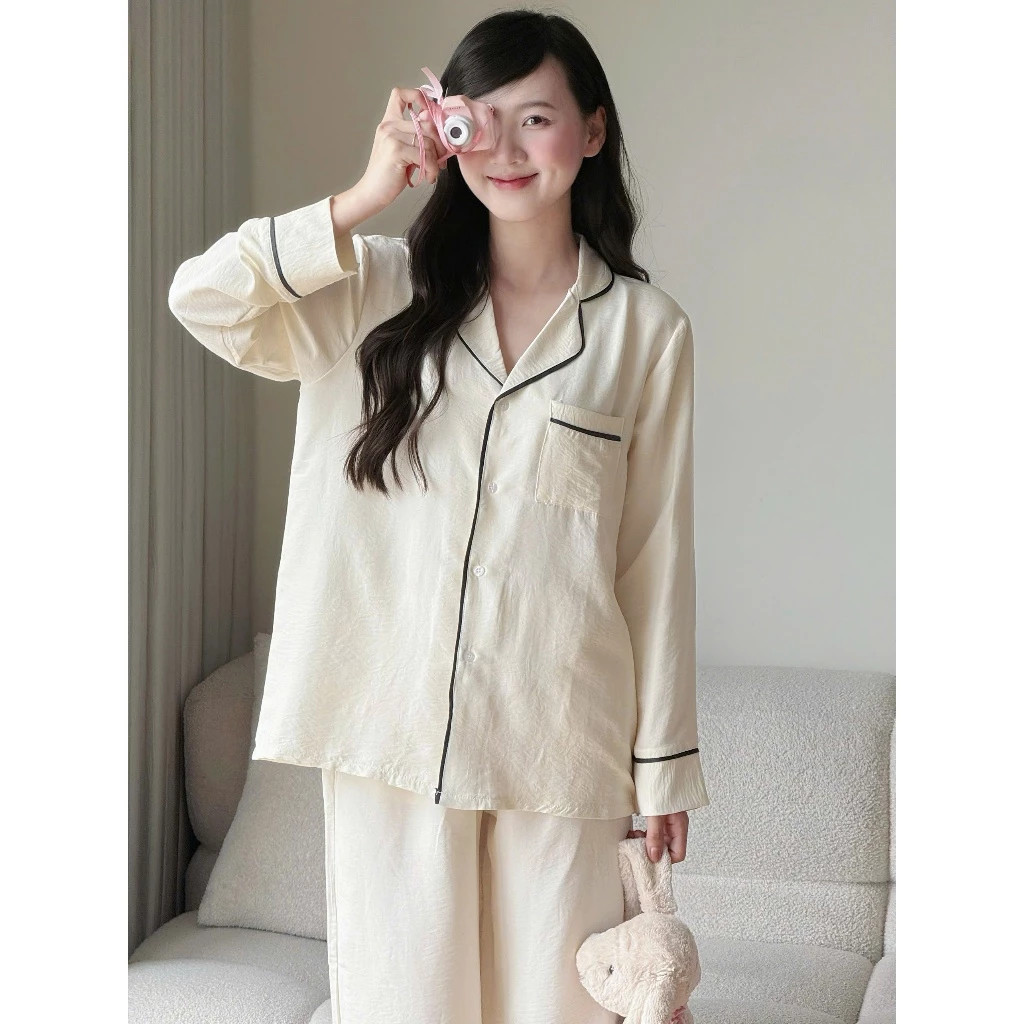 Bộ Ngủ Dài Tay Nữ Vải Đũi Mềm Mịn, Viền Né Sang Trọng