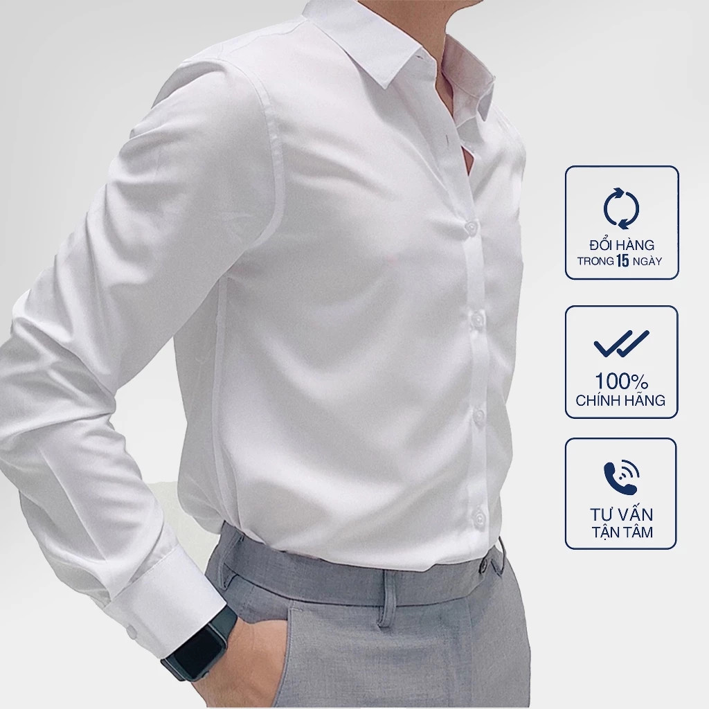 Áo Sơ Mi Trắng Nam AKUBA: Vải Lụa Không Nhăn, Form Slimfit, Size Đến 6XL